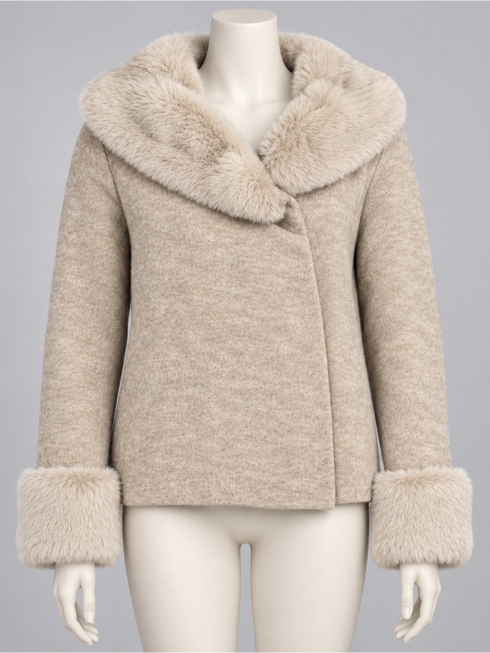 Ellen Tracy Beige Wool-Blend Pea Coat with Faux-Fur Trim